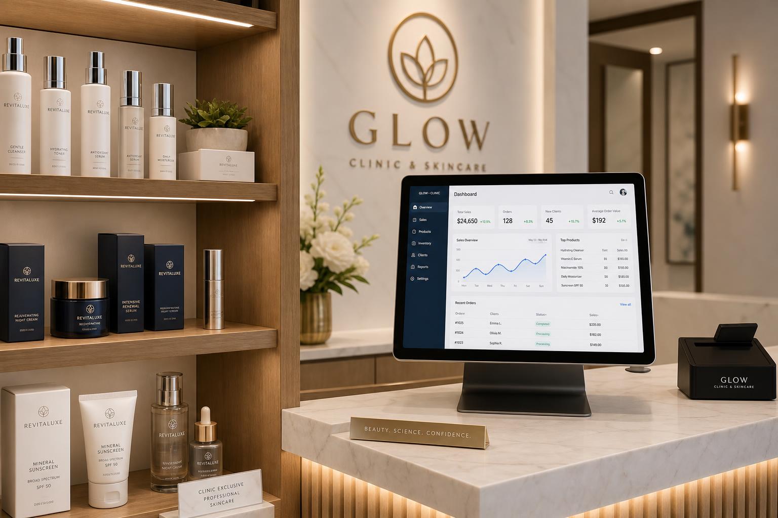 Recepção de clínica de podologia com produtos e tela de gestão de estoque