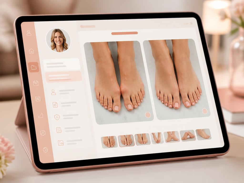 Tablet exibindo o prontuário digital do Inoa.app com fotos antes e depois